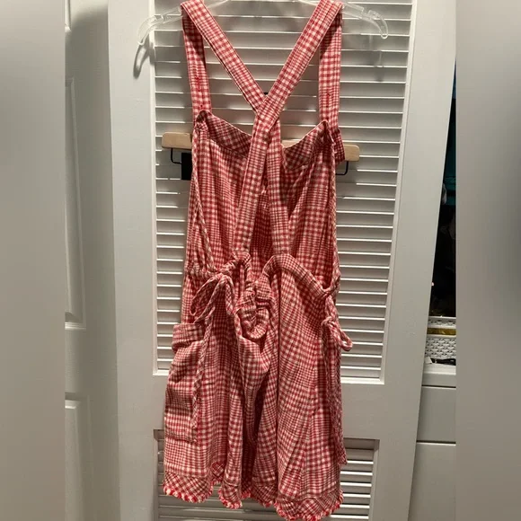 FREE PEOPLE Chrissie Mini Skirtall RED WHITE OVERALLS MINI WESTERN FESTIVAL XL - Picture 2 of 3